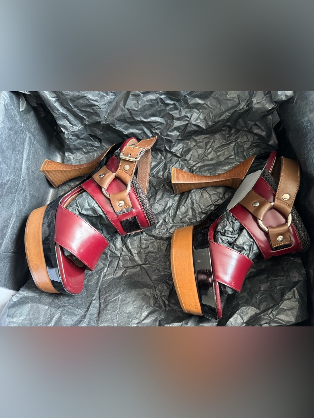 Marni Platform Heeled Sandals in Burgundy, Black & Tan